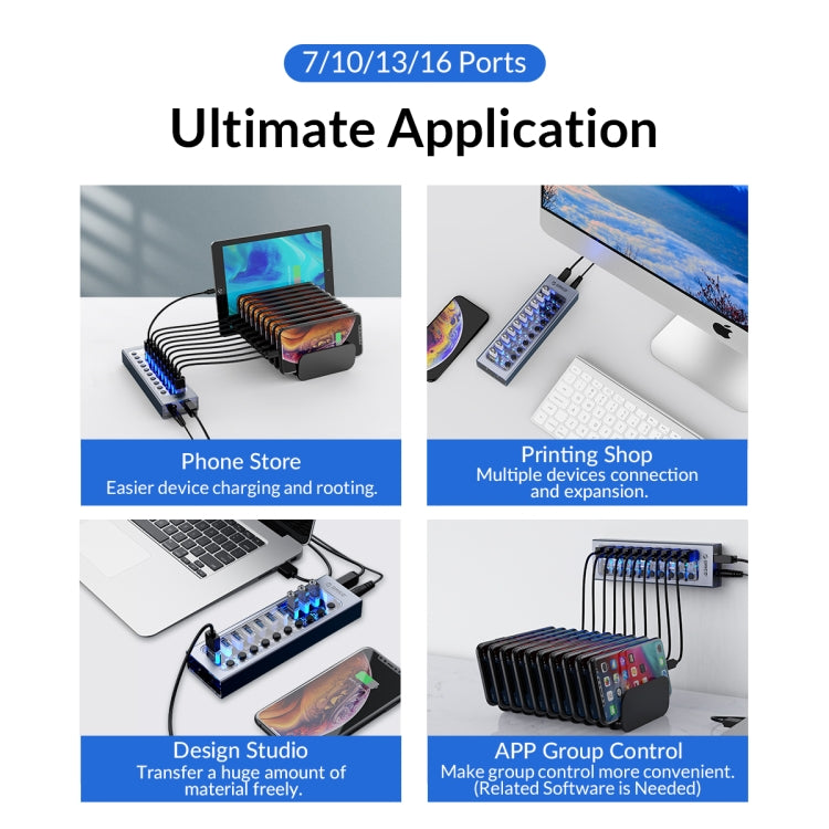 ORICO AT2U3-7AB-GY-BP 7イン1 アルミ合金多ポートUSBハブ、個別スイッチ付き、EUプラグ、UKプラグ、AUプラグ