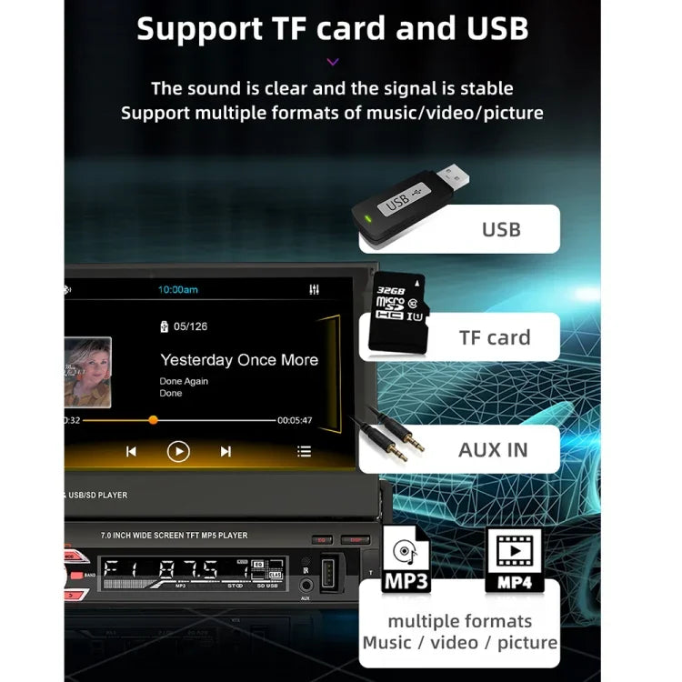 9601C HD 7インチ ユニバーサル車載手動格納式スクリーン MP5プレーヤー Carplay対応, FM & Bluetooth & TFカード対応, 9601C