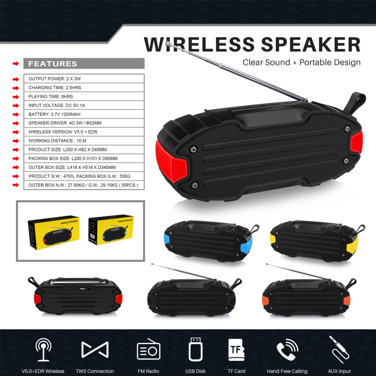 New Rixing NR-907FM TWS アウトドア Bluetoothスピーカー ハンズフリー通話／FM対応 ハンドル＆アンテナ付き NR-907FM（オレンジ）、NR-907FM（ブラック）、NR-907FM（レッド）、NR-907FM（イエロー）、NR-906（ブルー）