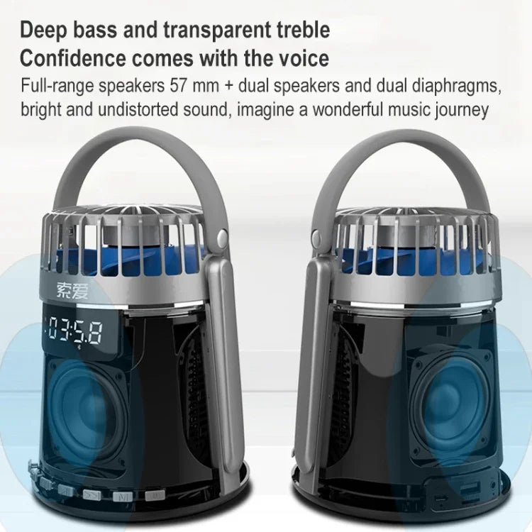 SOAIY K8 ワイヤレスBluetoothデュアルアラームクロックスピーカー 小型ファン付き