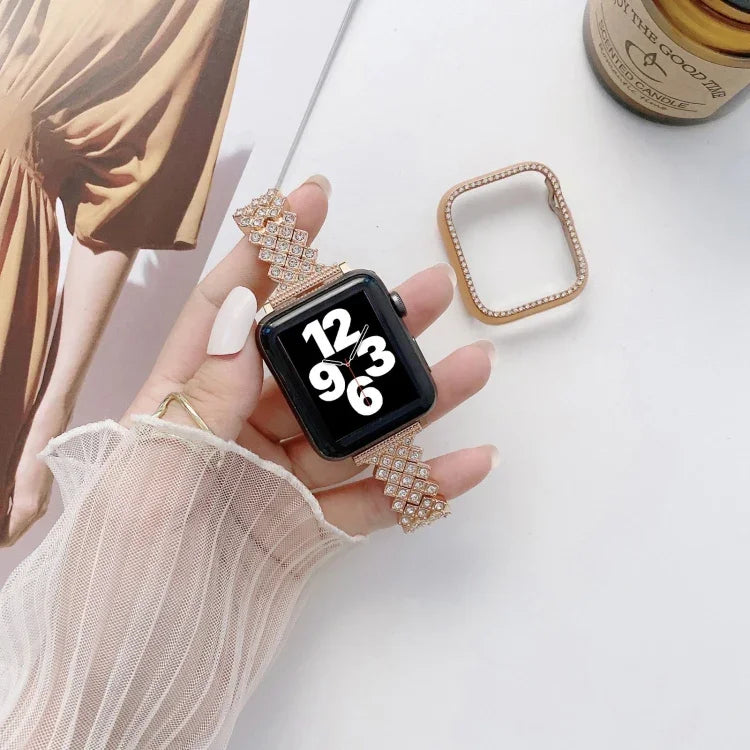 ひし形フルダイヤモンドメタル交換用リストストラップウォッチバンド＋ケース、Apple Watchシリーズ用、Apple Watchシリーズ 6 / 5 / 4 / Watch SE 40mm用、Apple Watchシリーズ 6 / 5 / 4 / Watch SE 44mm用、3 & 2 & 1 42mm用、3 & 2 & 1 38mm用