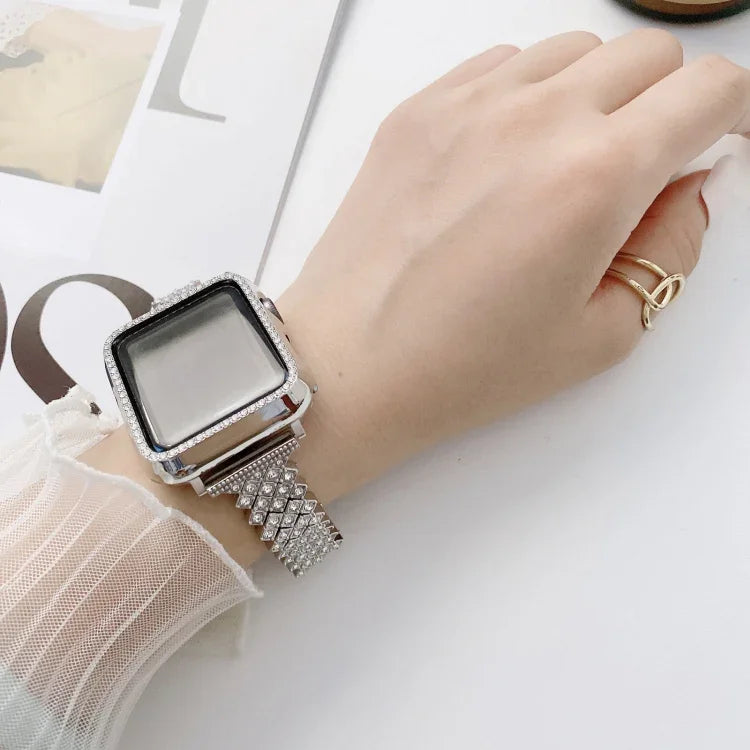 ひし形フルダイヤモンドメタル交換用リストストラップウォッチバンド＋ケース、Apple Watchシリーズ用、Apple Watchシリーズ 6 / 5 / 4 / Watch SE 40mm用、Apple Watchシリーズ 6 / 5 / 4 / Watch SE 44mm用、3 & 2 & 1 42mm用、3 & 2 & 1 38mm用