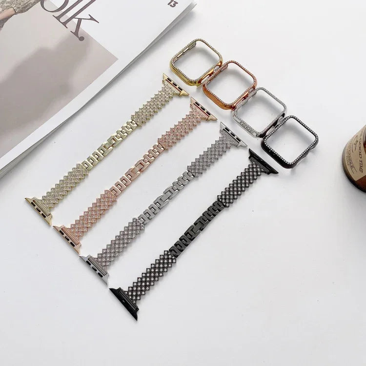 ひし形フルダイヤモンドメタル交換用リストストラップウォッチバンド＋ケース、Apple Watchシリーズ用、Apple Watchシリーズ 6 / 5 / 4 / Watch SE 40mm用、Apple Watchシリーズ 6 / 5 / 4 / Watch SE 44mm用、3 & 2 & 1 42mm用、3 & 2 & 1 38mm用