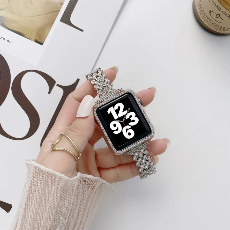 ひし形フルダイヤモンドメタル交換用リストストラップウォッチバンド＋ケース、Apple Watchシリーズ用、Apple Watchシリーズ 6 / 5 / 4 / Watch SE 40mm用、Apple Watchシリーズ 6 / 5 / 4 / Watch SE 44mm用、3 & 2 & 1 42mm用、3 & 2 & 1 38mm用