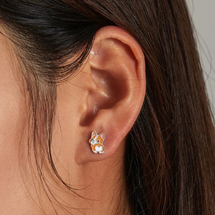 S925スターリングシルバー かわいいコーギーイヤースタッド レディースイヤリング、かわいいコーギー