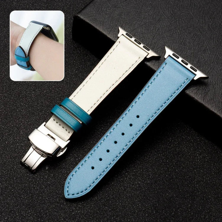バタフライクラスプビジネストップレザー牛革ストラップバンド、Apple Watchシリーズ 8&7 41mm / SE 2&6&SE&5&4 40mm / 3&2&1 38mm用、Apple Watchシリーズ 6&SE&5&4 44mm / 3&2&1 42mm用、Apple Watchシリーズ 6&SE&5&4 40mm / 3&2&1 38mm用