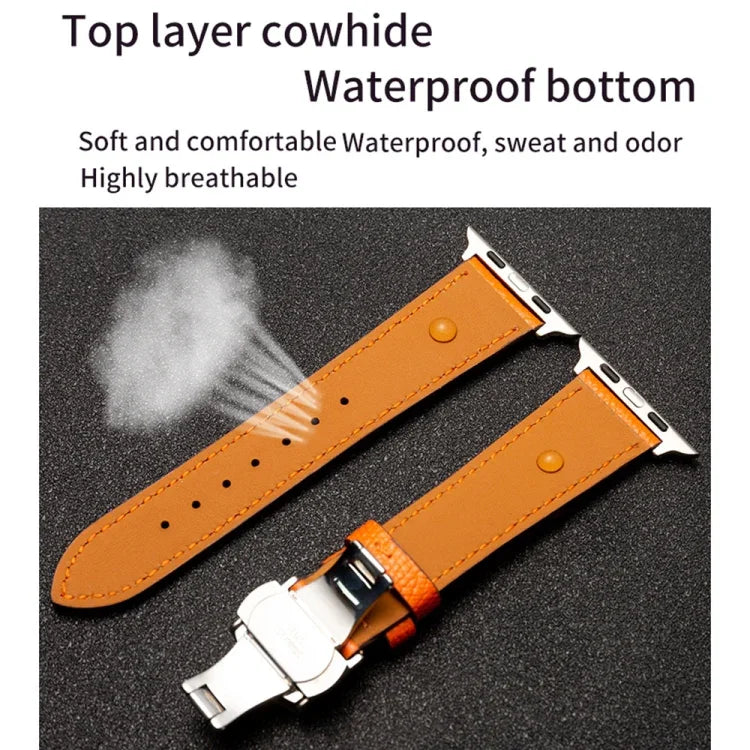 バタフライクラスプビジネストップレザー牛革ストラップバンド、Apple Watchシリーズ 8&7 41mm / SE 2&6&SE&5&4 40mm / 3&2&1 38mm用、Apple Watchシリーズ 6&SE&5&4 44mm / 3&2&1 42mm用、Apple Watchシリーズ 6&SE&5&4 40mm / 3&2&1 38mm用