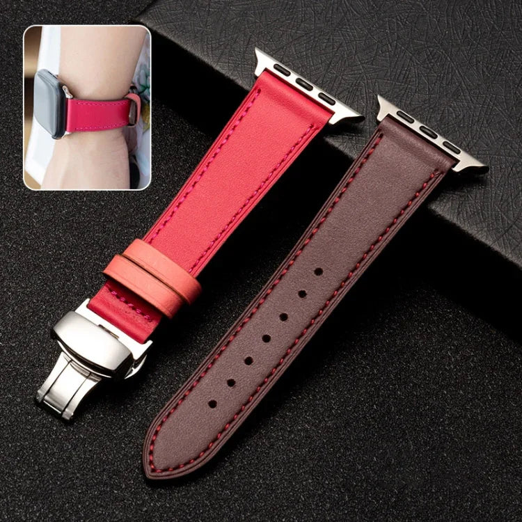バタフライクラスプビジネストップレザー牛革ストラップバンド、Apple Watchシリーズ 8&7 41mm / SE 2&6&SE&5&4 40mm / 3&2&1 38mm用、Apple Watchシリーズ 6&SE&5&4 44mm / 3&2&1 42mm用、Apple Watchシリーズ 6&SE&5&4 40mm / 3&2&1 38mm用
