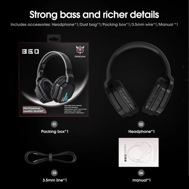 ONIKUMA B60 Bluetooth 5.0 調節可能な強力な低音 ゲーミングワイヤレスBluetoothヘッドセット マイク付き