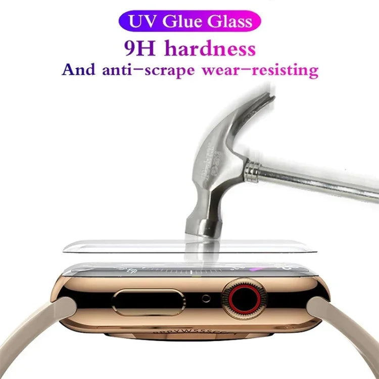 UV液体曲面フル接着フルスクリーン強化ガラスフィルム、Apple Watchシリーズ 9 / 8 / 7 41mm用、Apple Watchシリーズ 8 / 7 41mm用、Apple Watchシリーズ 8 / 7 45mm用