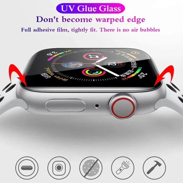 UV液体曲面フル接着フルスクリーン強化ガラスフィルム、Apple Watchシリーズ 9 / 8 / 7 41mm用、Apple Watchシリーズ 8 / 7 41mm用、Apple Watchシリーズ 8 / 7 45mm用