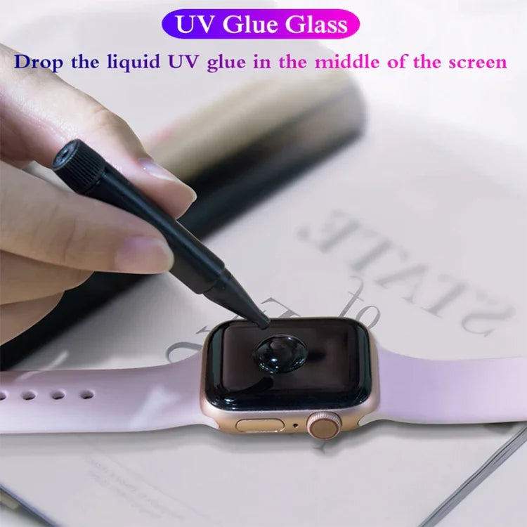 UV液体曲面フル接着フルスクリーン強化ガラスフィルム、Apple Watchシリーズ 9 / 8 / 7 41mm用、Apple Watchシリーズ 8 / 7 41mm用、Apple Watchシリーズ 8 / 7 45mm用