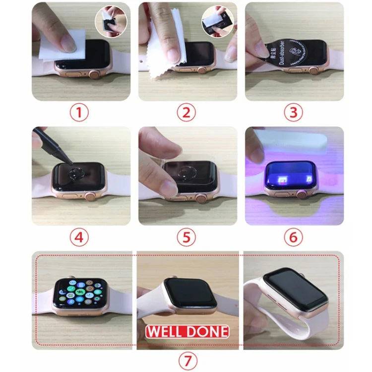 UV液体曲面フル接着フルスクリーン強化ガラスフィルム、Apple Watchシリーズ 9 / 8 / 7 41mm用、Apple Watchシリーズ 8 / 7 41mm用、Apple Watchシリーズ 8 / 7 45mm用