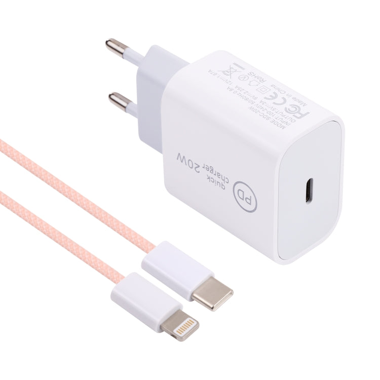SDC-20W PD USB-C / Type-C トラベルチャージャー + 1m 20W USB-C / Type-C to 8ピンデータケーブルセット、EUプラグ、USプラグ