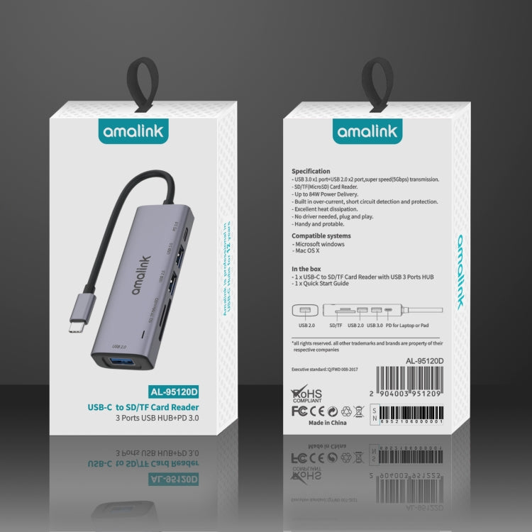 amalink 95120D Type-C / USB-C to SD/TF + 3ポートUSB + PD 3.0 多機能ハブドッキングステーション、95120D