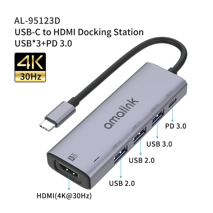 amalink 95123D Type-C / USB-C to HDMI + 3ポートUSB + PD 3.0 多機能ハブ、95123D