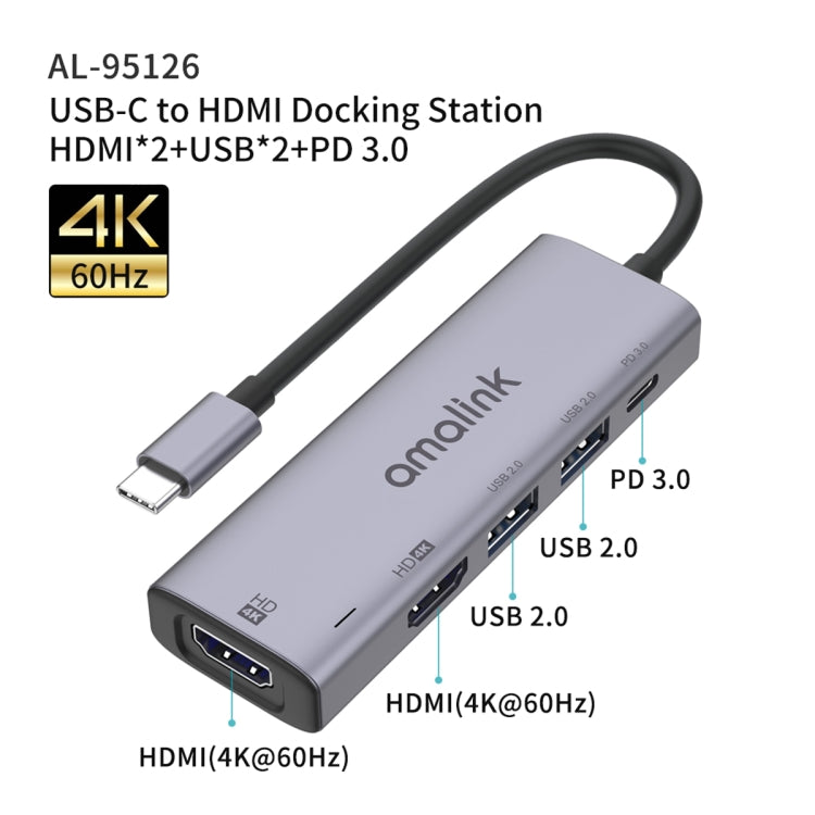 amalink 95126 Type-C / USB-C to デュアルHDMI + 2ポートUSB + PD 3.0 多機能ハブ、95126