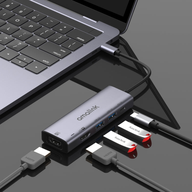 amalink 95126 Type-C / USB-C to デュアルHDMI + 2ポートUSB + PD 3.0 多機能ハブ、95126