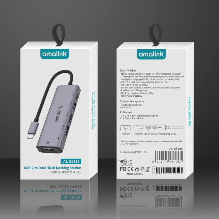 amalink 95126 Type-C / USB-C to デュアルHDMI + 2ポートUSB + PD 3.0 多機能ハブ、95126