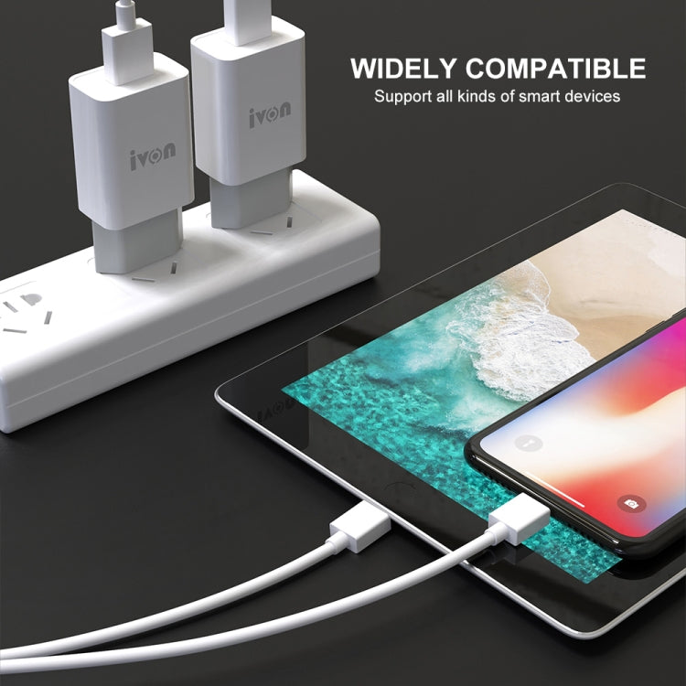 IVON AD-33 2イン1 2.1A シングルUSBポート トラベルチャージャー + 1m USB to 8ピンデータケーブルセット、EUプラグ、USプラグ