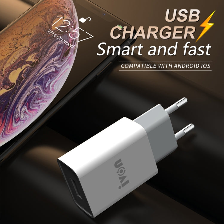 IVON AD-33 2in1 2.1A シングルUSBポートトラベルチャージャー + 1m USB to USB-C / Type-Cデータケーブルセット、EUプラグ、USプラグ