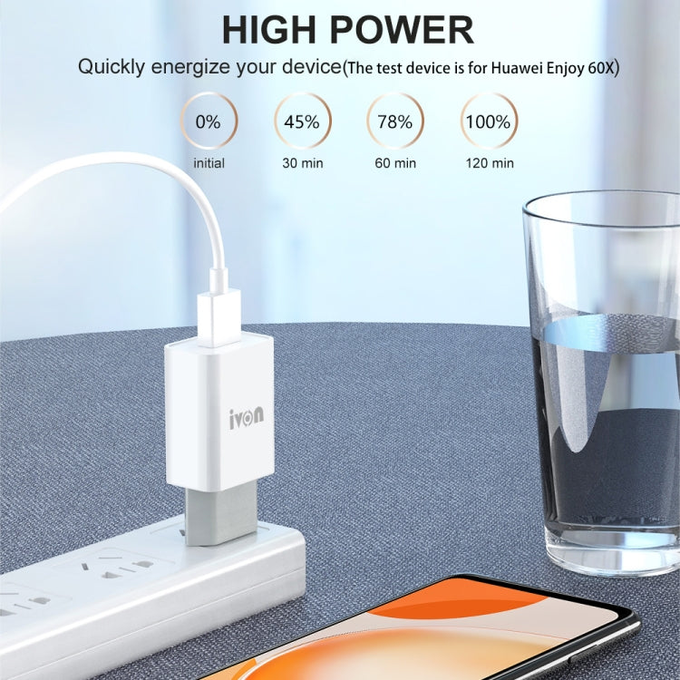 IVON AD-33 2in1 2.1A シングルUSBポートトラベルチャージャー + 1m USB to USB-C / Type-Cデータケーブルセット、EUプラグ、USプラグ