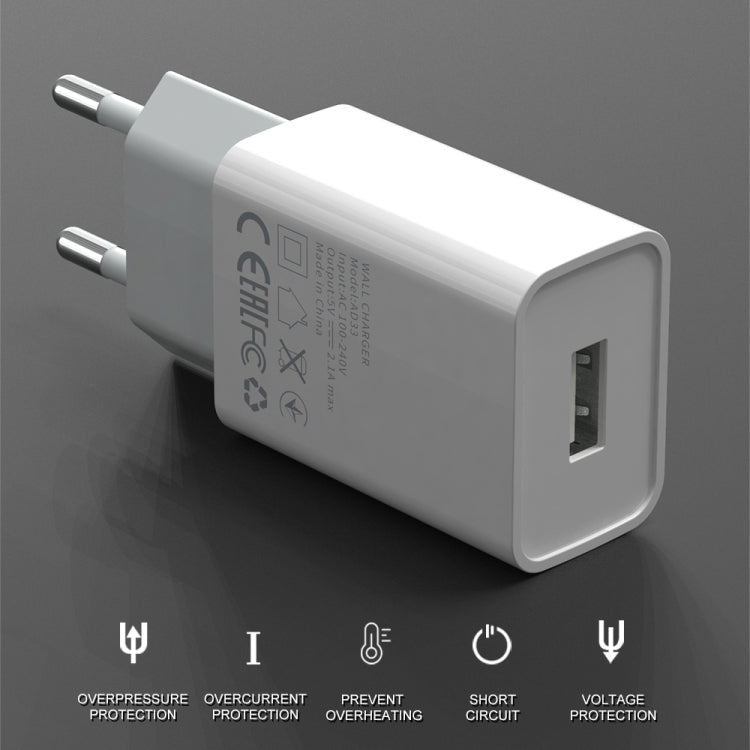 IVON AD-33 2in1 2.1A シングルUSBポートトラベルチャージャー + 1m USB to USB-C / Type-Cデータケーブルセット、EUプラグ、USプラグ