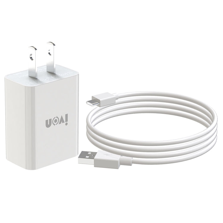 IVON AD-33 2in1 2.1A シングルUSBポートトラベルチャージャー + 1m USB to USB-C / Type-Cデータケーブルセット、EUプラグ、USプラグ