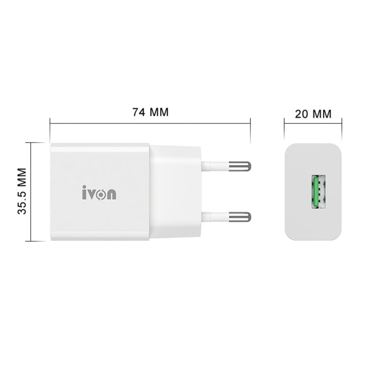 IVON AD-35 2in1 18W QC3.0 USBポートトラベルチャージャー + 1m USB to USB-C / Type-Cデータケーブルセット、EUプラグ、USプラグ