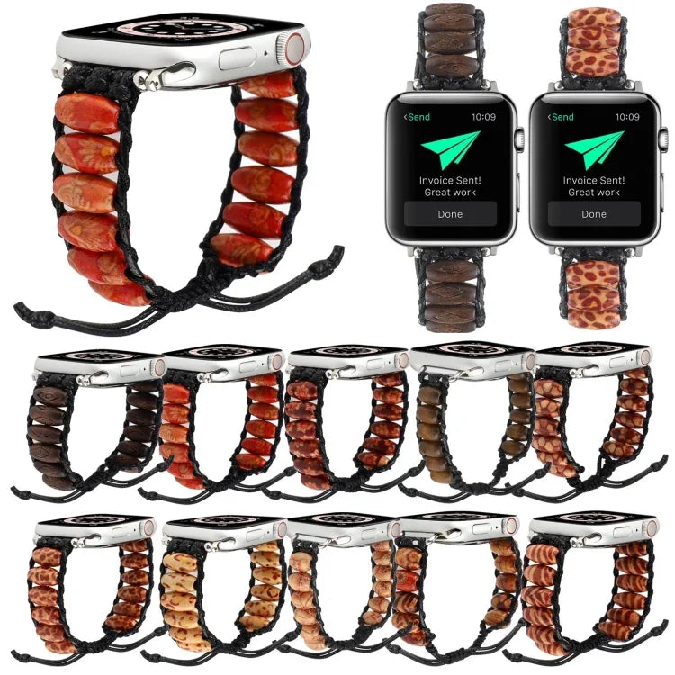 木製ビーズウォッチバンド、Apple Watch シリーズ 7 41mm / 6&SE&5&4 40mm / 3&2&1 38mm、7 45mm / 6&SE&5&4 44mm / 3&2&1 42mm用