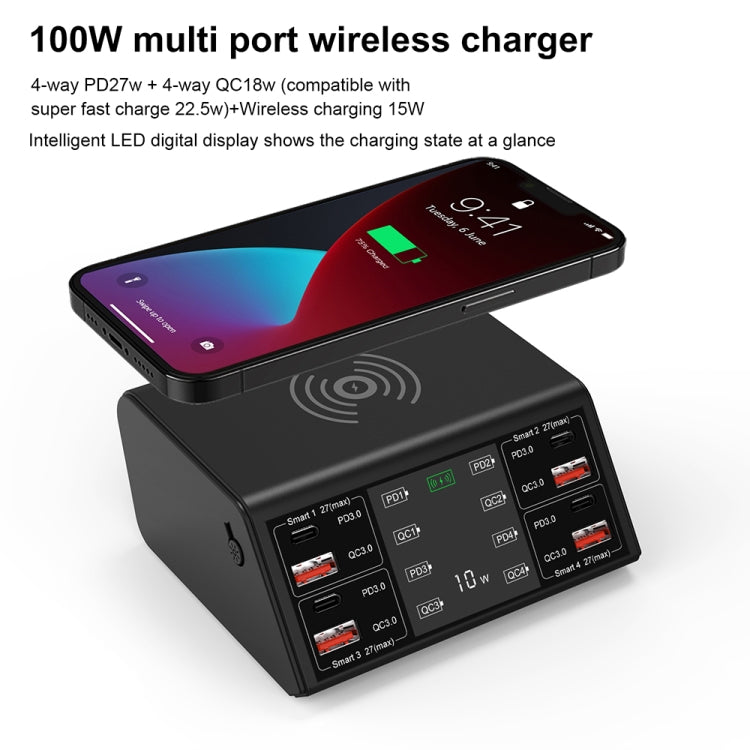 838w 9-in-1 100W 4 PD 3.0 USB-C / Type-C + 4 QC 3.0 USBポート スマートデジタルディスプレイ ワイヤレス充電器、EUプラグ、USプラグ、UKプラグ、AUプラグ