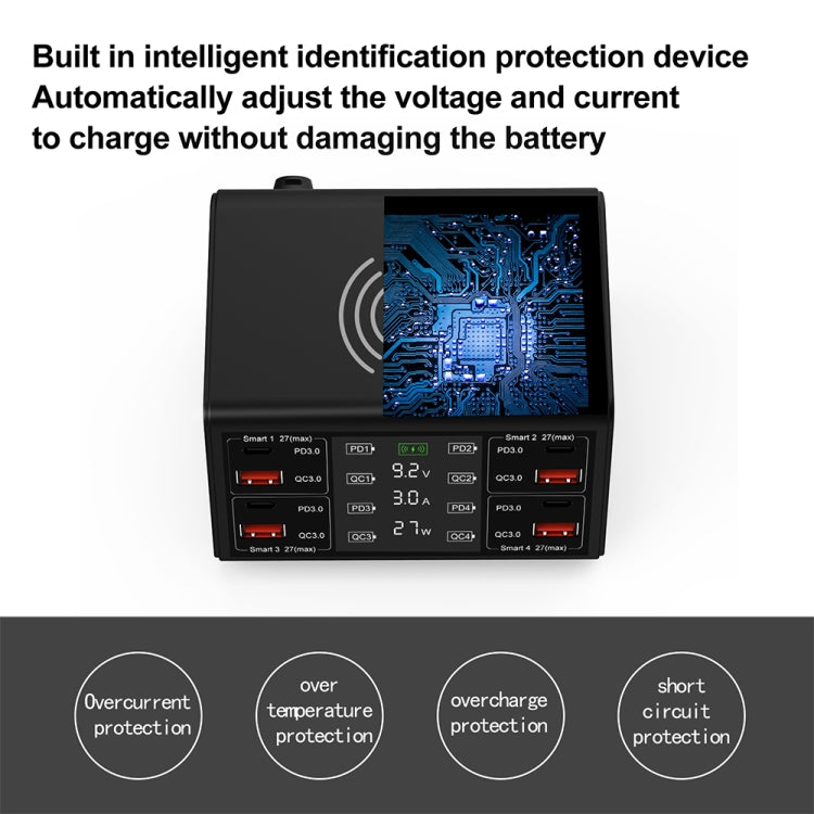838w 9-in-1 100W 4 PD 3.0 USB-C / Type-C + 4 QC 3.0 USBポート スマートデジタルディスプレイ ワイヤレス充電器、EUプラグ、USプラグ、UKプラグ、AUプラグ