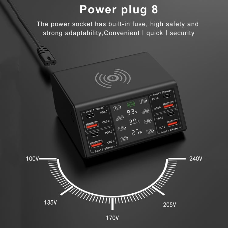 838w 9-in-1 100W 4 PD 3.0 USB-C / Type-C + 4 QC 3.0 USBポート スマートデジタルディスプレイ ワイヤレス充電器、EUプラグ、USプラグ、UKプラグ、AUプラグ
