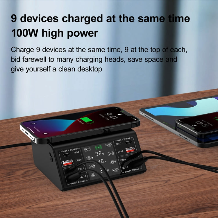 838w 9-in-1 100W 4 PD 3.0 USB-C / Type-C + 4 QC 3.0 USBポート スマートデジタルディスプレイ ワイヤレス充電器、EUプラグ、USプラグ、UKプラグ、AUプラグ