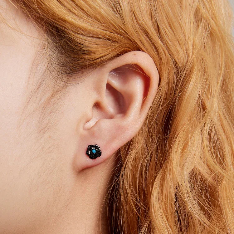 S925スターリングシルバー ブラックローズイヤースタッド レディースイヤリング、ブラックローズ