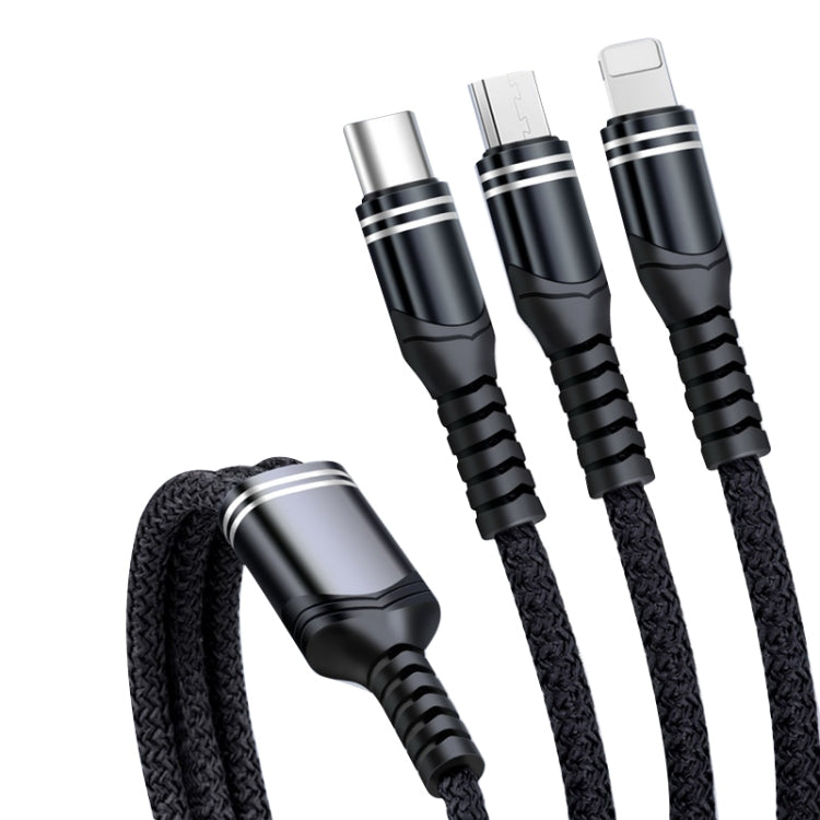 6A 66W 3イン1 USBから8ピン＋マイクロUSB＋USB-C / Type-C 急速充電編み込みデータケーブル、USBから8ピン＋マイクロUSB＋Type-C