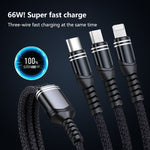 6A 66W 3イン1 USBから8ピン＋マイクロUSB＋USB-C / Type-C 急速充電編み込みデータケーブル、USBから8ピン＋マイクロUSB＋Type-C