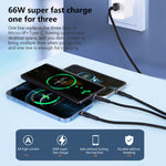 6A 66W 3イン1 USBから8ピン＋マイクロUSB＋USB-C / Type-C 急速充電編み込みデータケーブル、USBから8ピン＋マイクロUSB＋Type-C