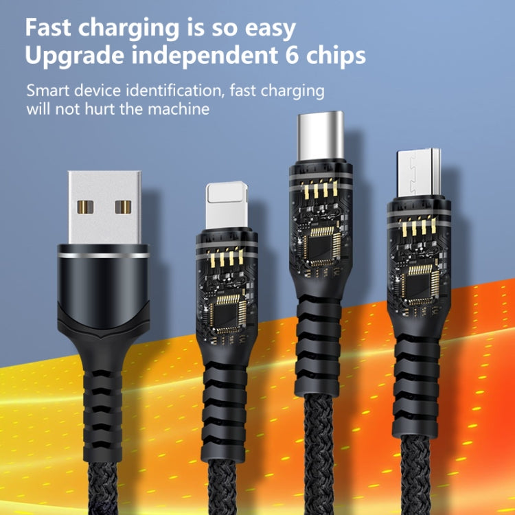 6A 66W 3イン1 USBから8ピン＋マイクロUSB＋USB-C / Type-C 急速充電編み込みデータケーブル、USBから8ピン＋マイクロUSB＋Type-C