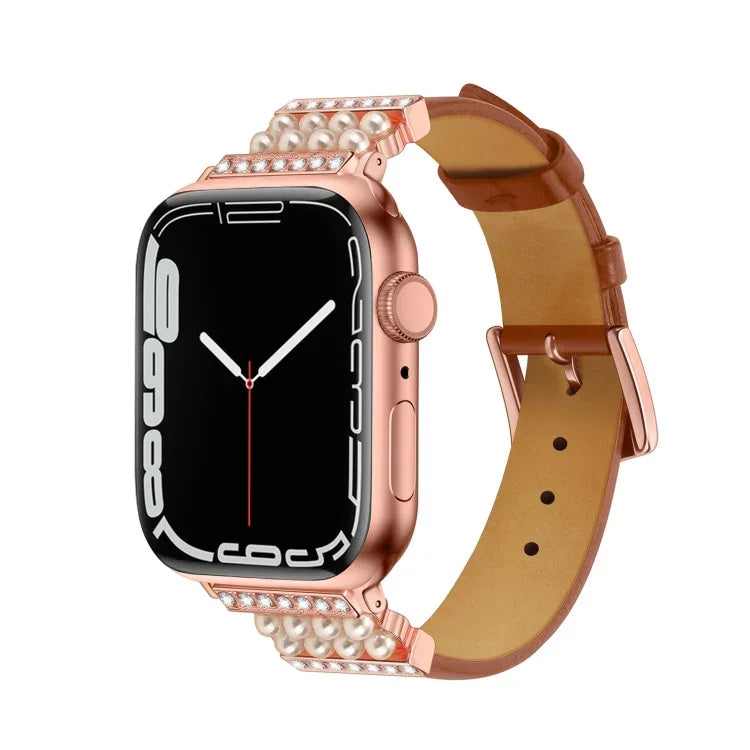 パールダイヤモンドレザーウォッチバンド Apple Watchシリーズ用、7 41mm / 6&SE&5&4 40mm / 3&2&1 38mm、7 45mm / 6&SE&5&4 44mm / 3&2&1 42mm