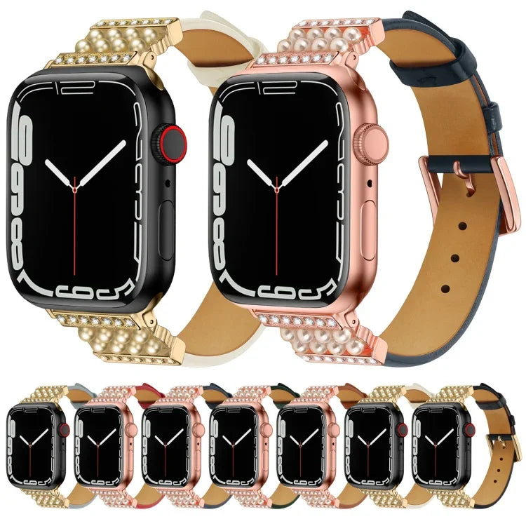 パールダイヤモンドレザーウォッチバンド Apple Watchシリーズ用、7 41mm / 6&SE&5&4 40mm / 3&2&1 38mm、7 45mm / 6&SE&5&4 44mm / 3&2&1 42mm