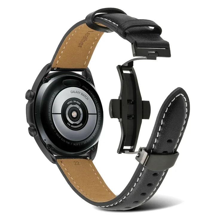 バタフライバックルステッチ 本革ウォッチバンド、Samsung Galaxy Watch4 20mm用、Huawei Watch GT 3 Pro 22mm用