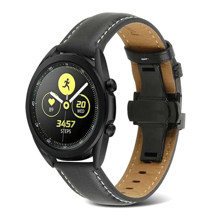 バタフライバックルステッチ 本革ウォッチバンド、Samsung Galaxy Watch4 20mm用、Huawei Watch GT 3 Pro 22mm用