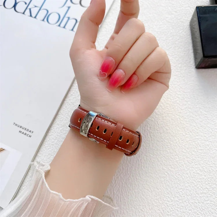 バタフライバックルステッチ 本革ウォッチバンド、Samsung Galaxy Watch4 20mm用、Huawei Watch GT 3 Pro 22mm用