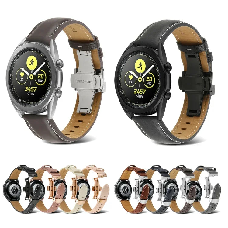 バタフライバックルステッチ 本革ウォッチバンド、Samsung Galaxy Watch4 20mm用、Huawei Watch GT 3 Pro 22mm用