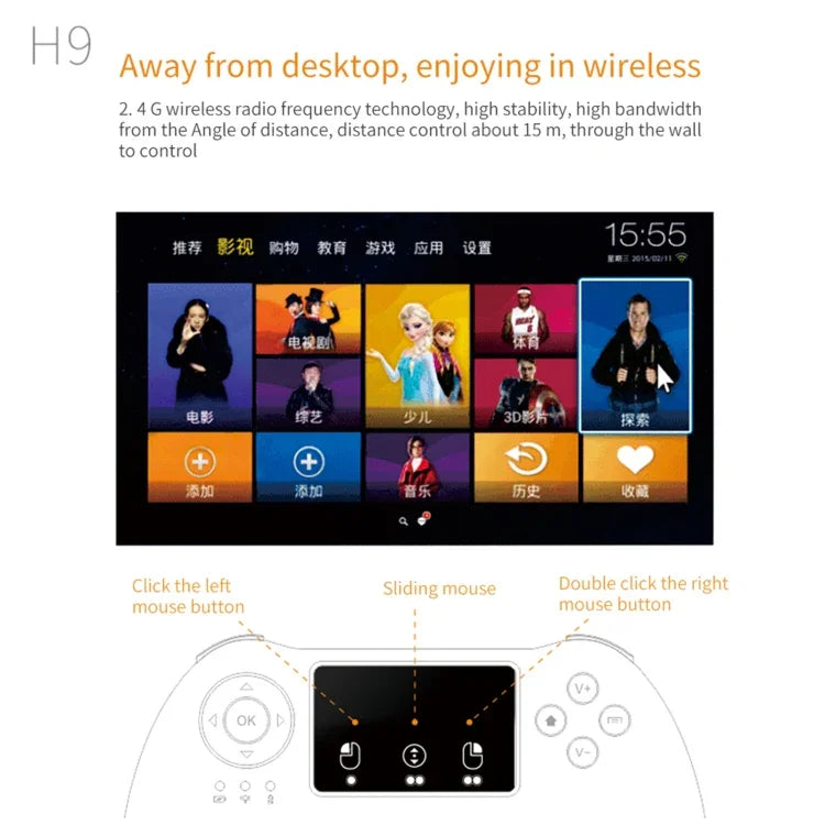 H9 2.4GHz ミニ ワイヤレス エアマウス QWERTYキーボード 白色バックライト＆タッチパッド付き PC、TV用、白色バックライト付き