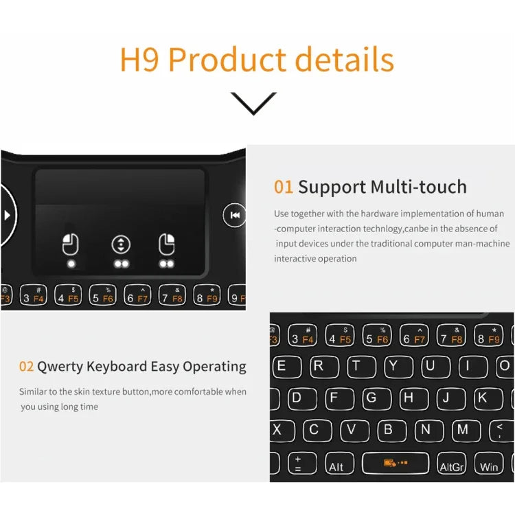H9 2.4GHz ミニ ワイヤレス エアマウス QWERTYキーボード 白色バックライト＆タッチパッド付き PC、TV用、白色バックライト付き