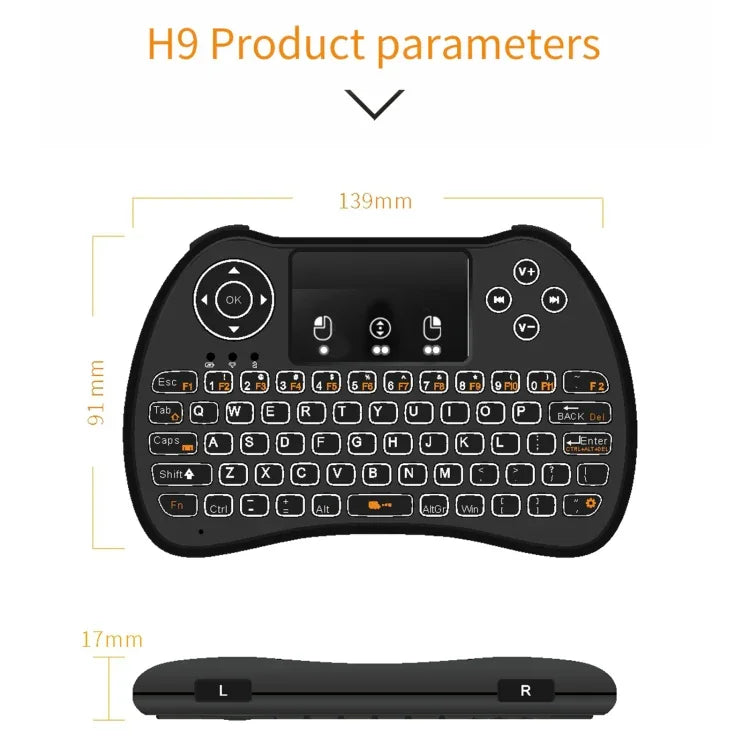 H9 2.4GHz ミニ ワイヤレス エアマウス QWERTYキーボード 白色バックライト＆タッチパッド付き PC、TV用、白色バックライト付き