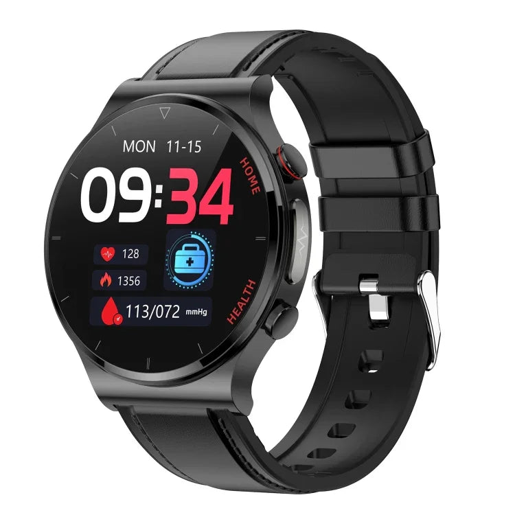 E300 1.32インチ画面レザーワッチストラップスマートヘルスウォッチ、体温測定、心電図測定、血圧対応
