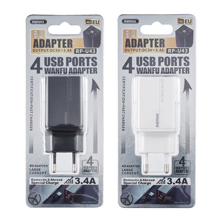 REMAX RP-U43 3.4A 4 USBポート急速充電器、EUプラグ、UKプラグ